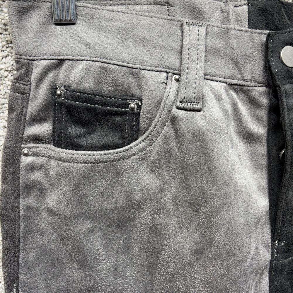 MNML Denim Button Fly Jeans Patchwork Suede Mens 28x34 Colorblock Black Gray NWT - Picture 3 of 16